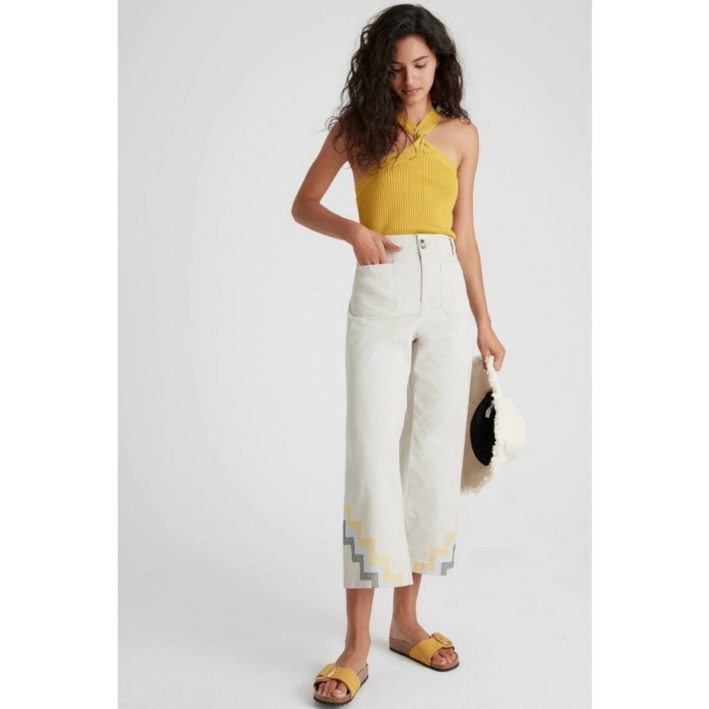 Anthropologie Maeve Hallee Embroidered High Rise Wide Leg Trouser Pants in Beige
